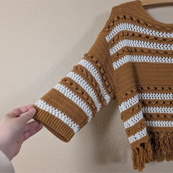 Lou & Grey for Loft Open Knit Crochet Sweater Striped Fringe Western M - Picture 2 of 7
